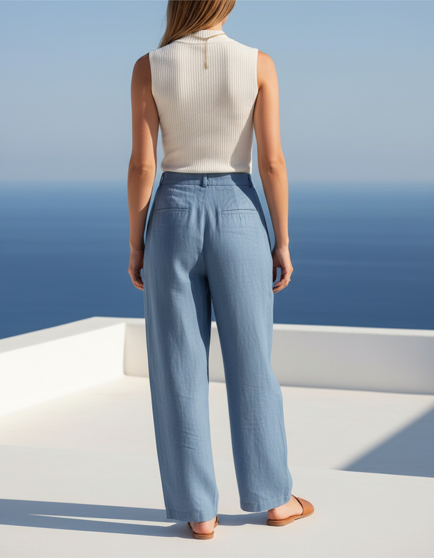 Pantalon En Lin Bleu Ample Plissé Taille Haute Fluide - vue 2
