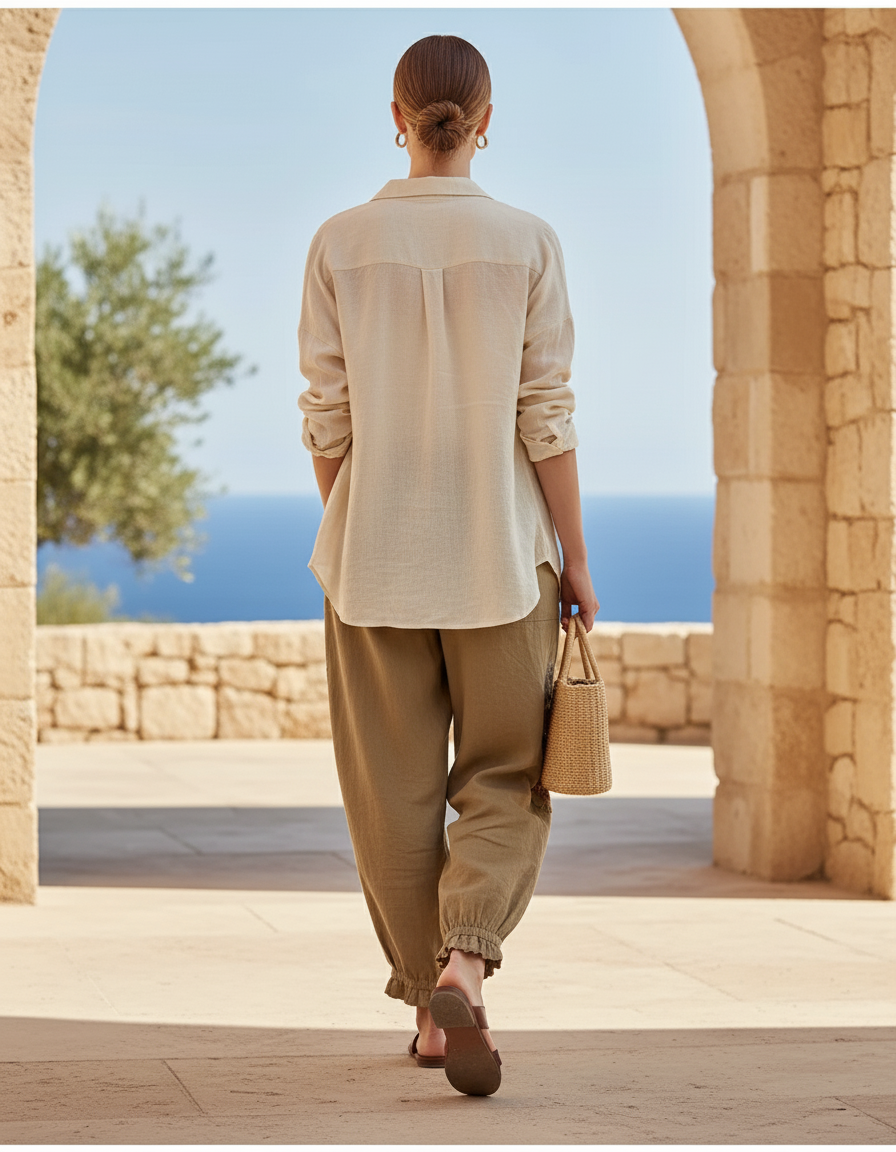 Pantalon En Lin Brodé Harem Ample Coton Femme - Kaki - vue 2