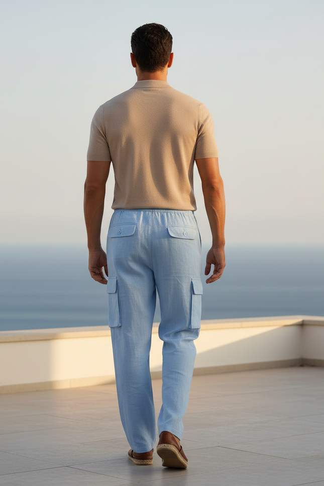 Pantalon En Lin Bleu Cargo Ample Décontracté Léger - vue 2