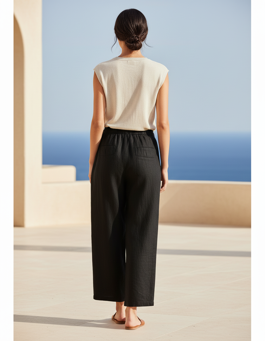 Pantalon En Lin Noir Ample Taille Élastique Fluide - vue 2