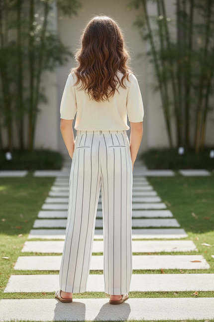 Pantalon En Lin Rayé Blanc Ample Décontracté Femme - vue 2