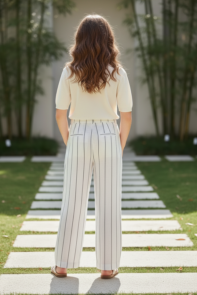 Pantalon En Lin Rayé Blanc Ample Décontracté Femme - vue 2