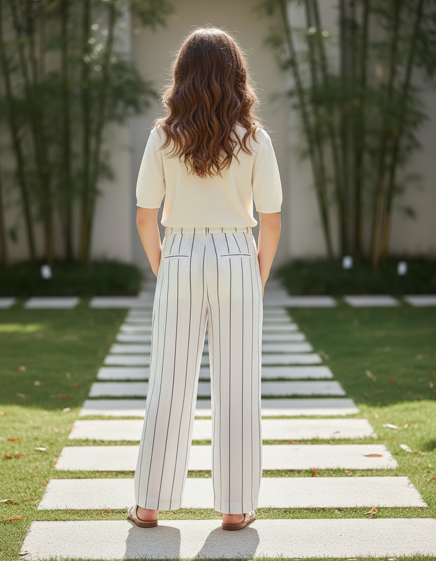 Pantalon En Lin Rayé Blanc Ample Décontracté Femme - vue 2