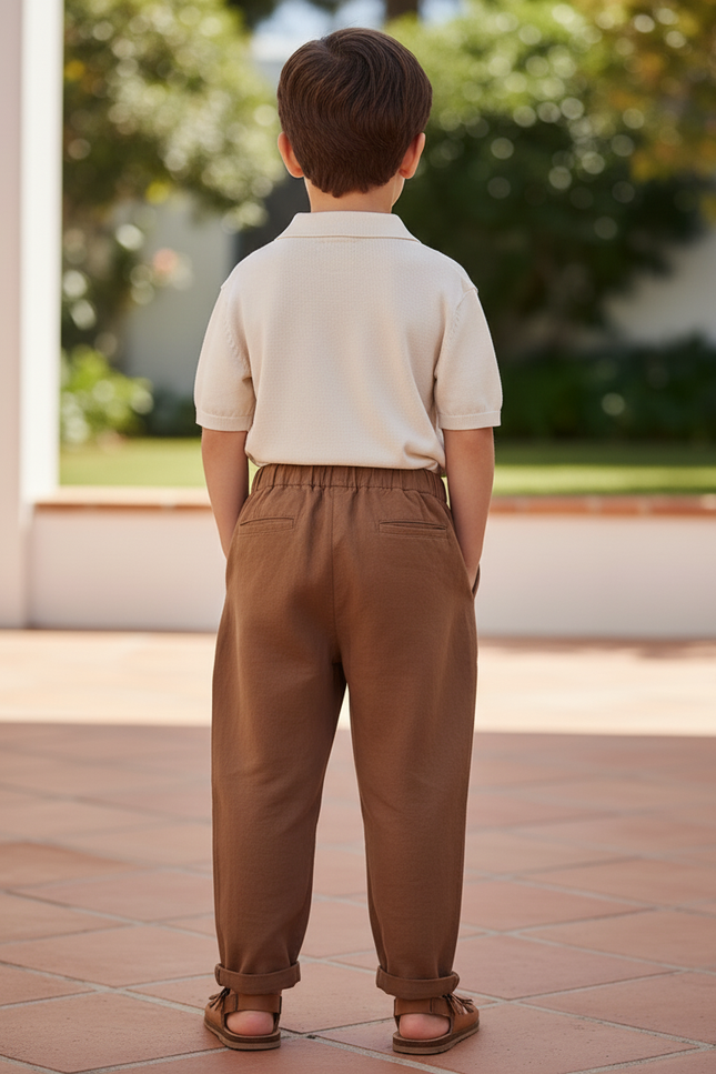 Pantalon En Lin Plissé Marron Ample Garçon Décontracté - vue 2