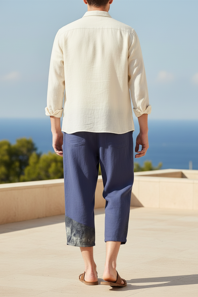 Pantalon En Lin Harem Bleu Marine Patchwork Décontracté - vue 2