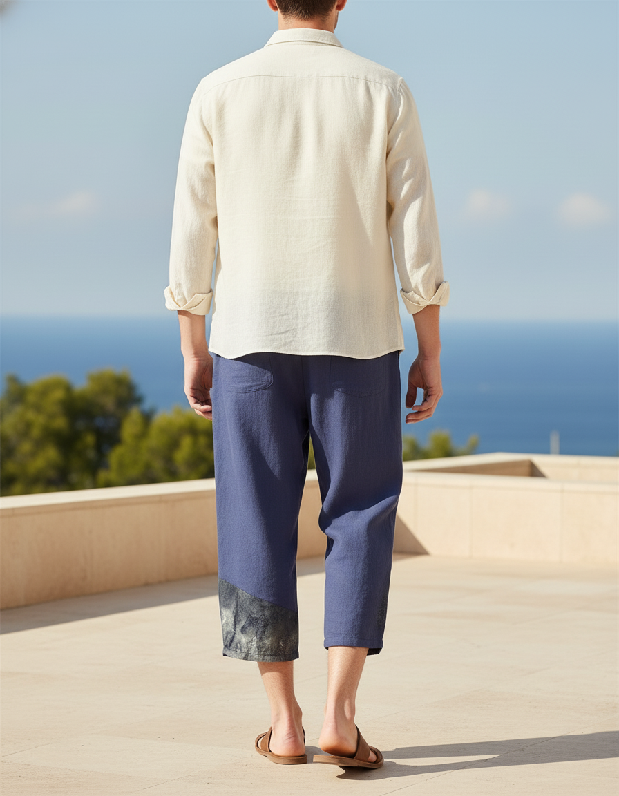 Pantalon En Lin Harem Bleu Marine Patchwork Décontracté - vue 2