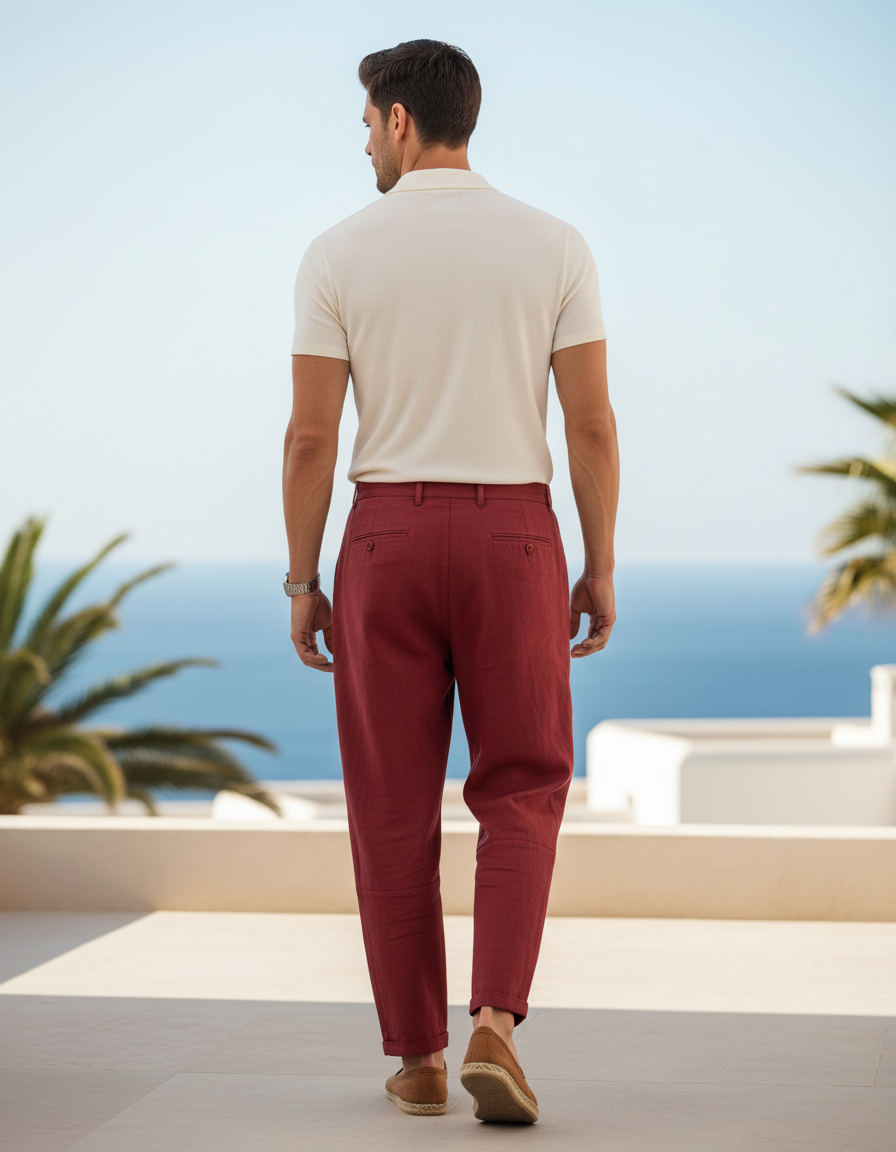 Pantalon En Lin Rouge Brique Ample Décontracté Homme - vue 2