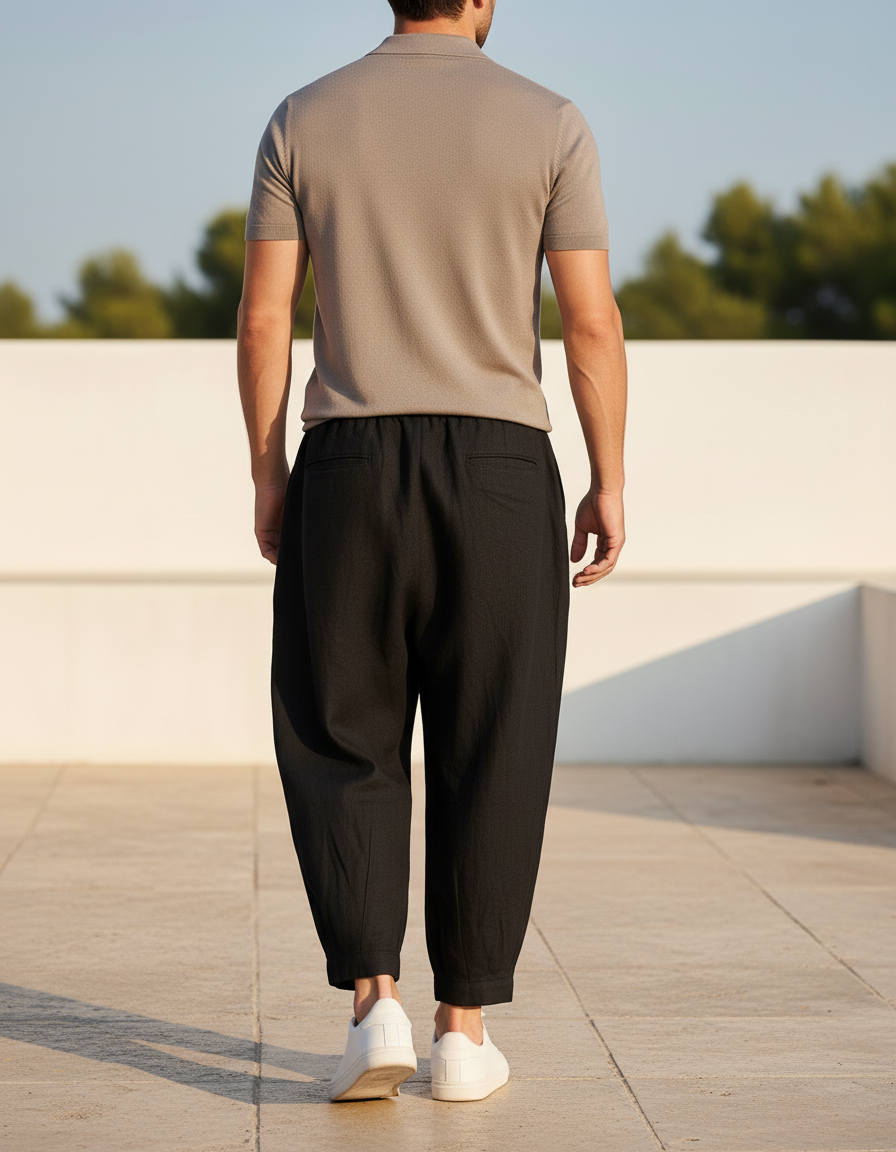 Pantalon En Lin Noir Ample Harem Homme Décontracté - vue 2