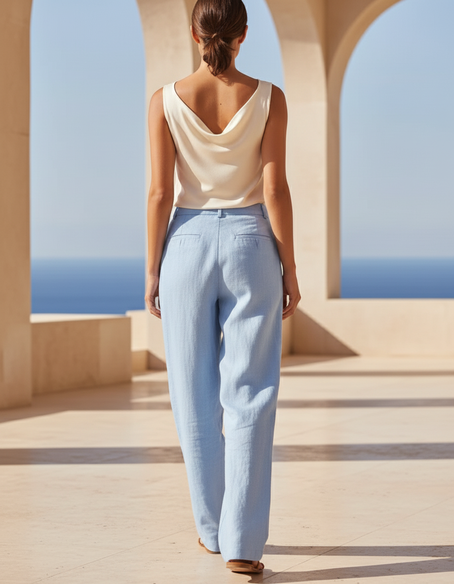 Pantalon En Lin Bleu Ciel Ample Fluide Décontracté - vue 2