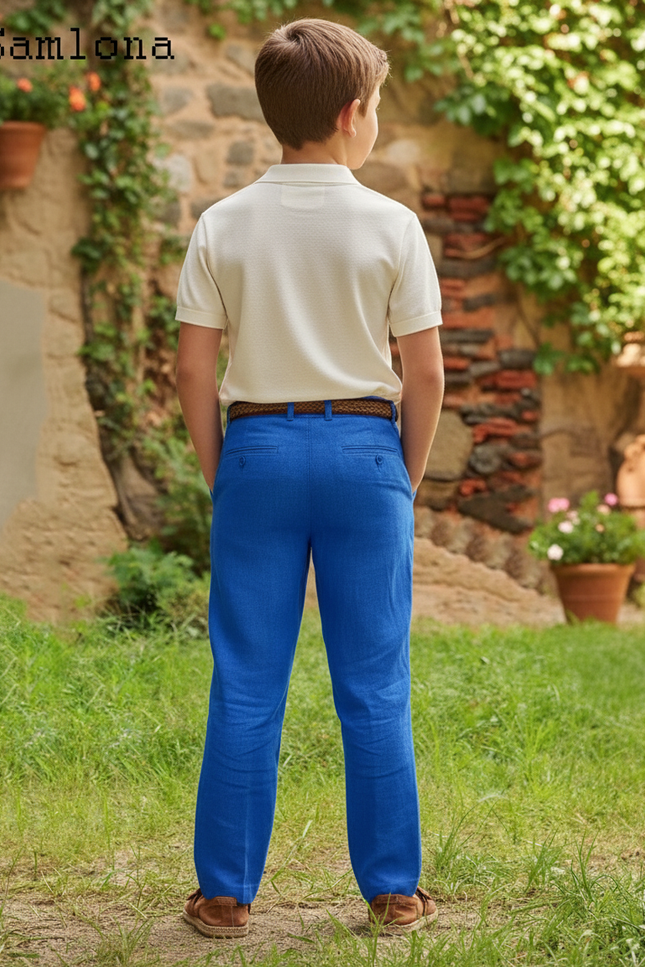 Pantalon En Lin Bleu Droit Décontracté Garçon Léger - vue 2