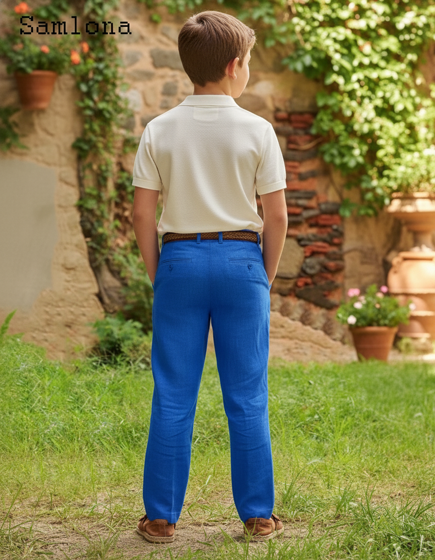 Pantalon En Lin Bleu Droit Décontracté Garçon Léger - vue 2