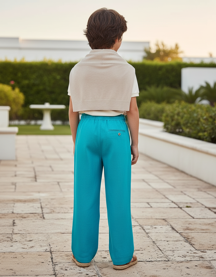 Pantalon En Lin Turquoise Ample Enfant Cordon Décontracté - Bleu - vue 2