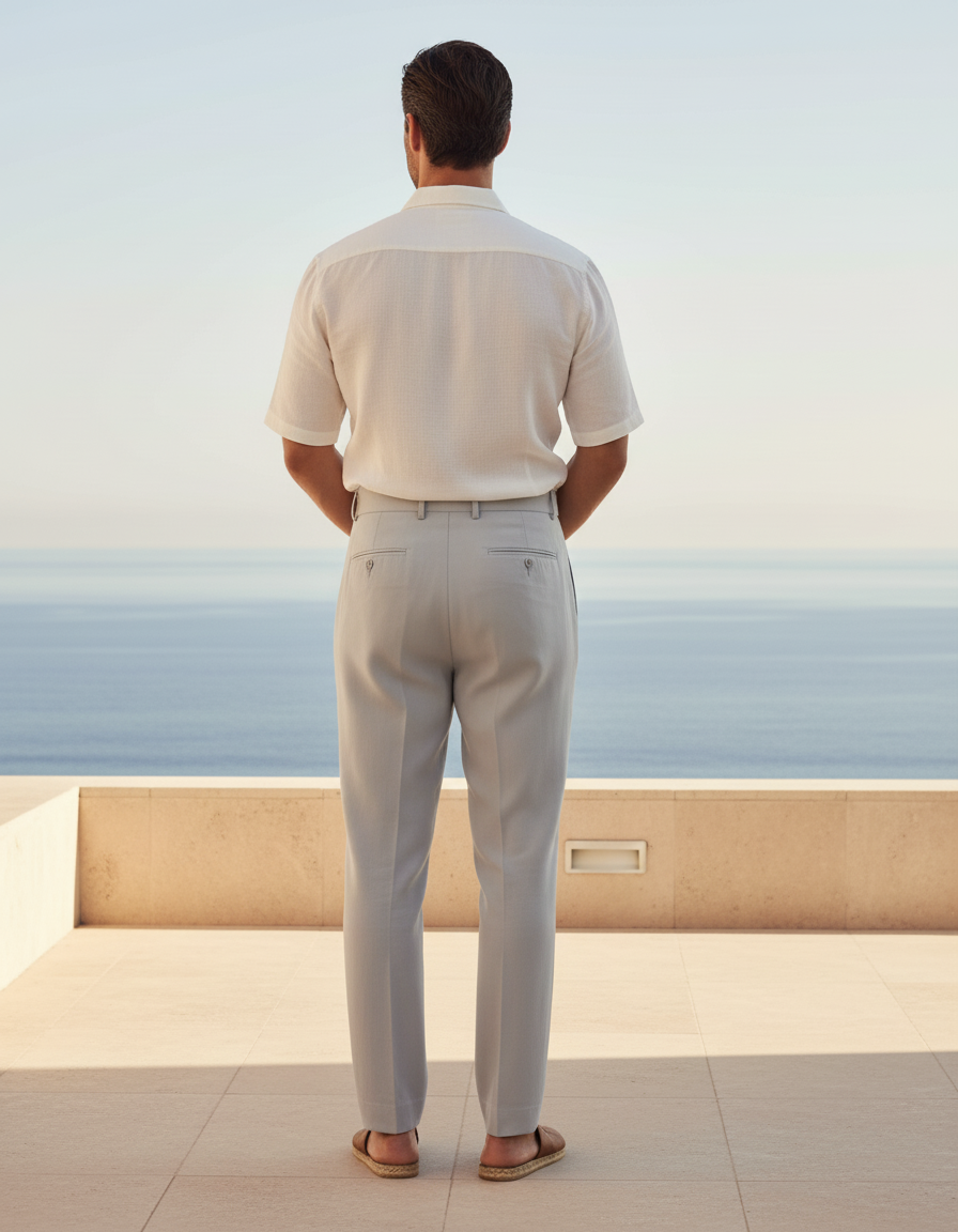 Pantalon En Lin Gris Clair Plissé Élégant Homme - vue 2