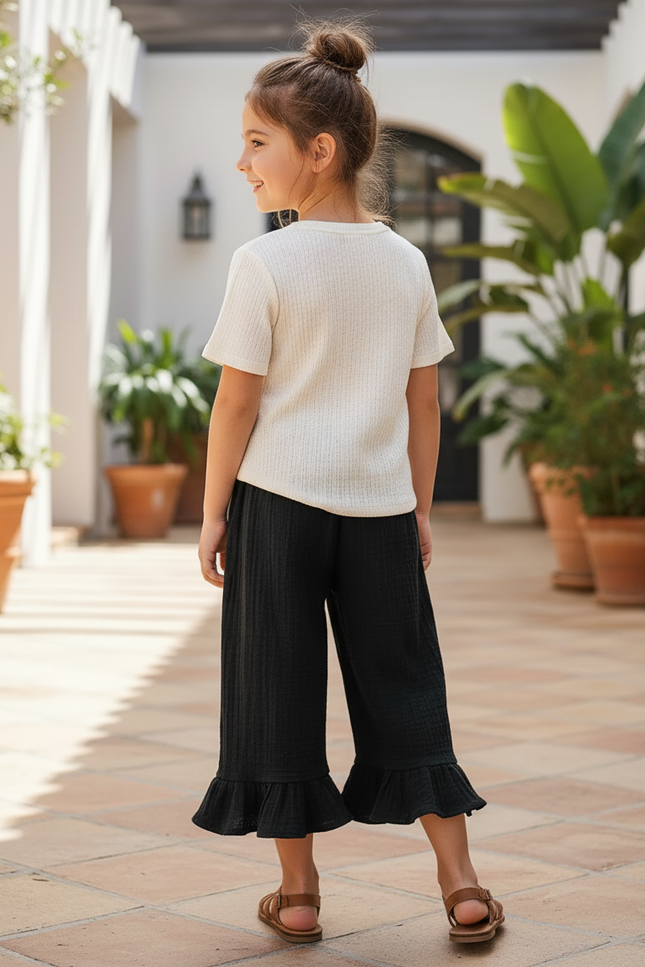 Pantalon En Lin Noir Ample Volants Fille Confortable - vue 2