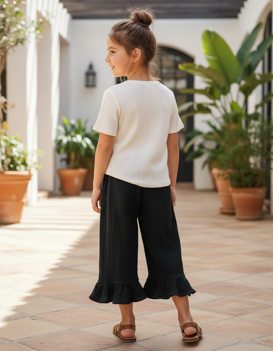 Pantalon En Lin Noir Ample Volants Fille Confortable - vue 2