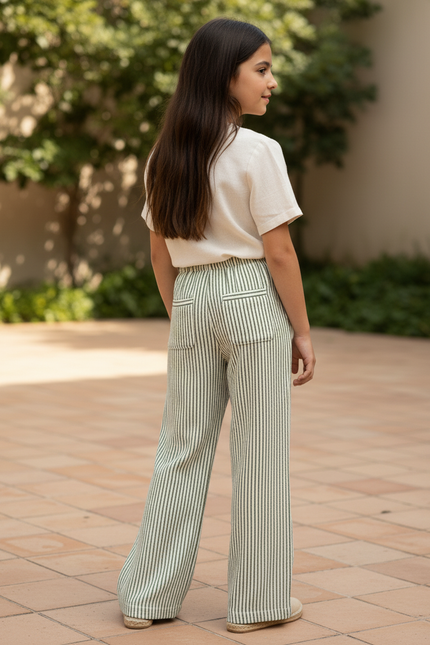 Pantalon En Lin Rayé Vert Ample Fluide Fille - vue 2
