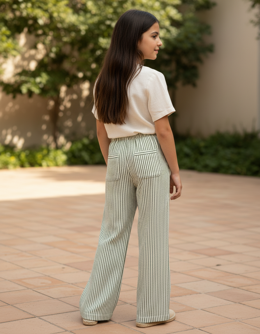Pantalon En Lin Rayé Vert Ample Fluide Fille - vue 2