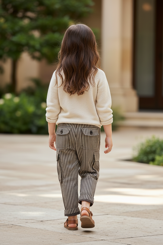 Pantalon En Lin Rayé Marron Cargo Enfant Décontracté - vue 2