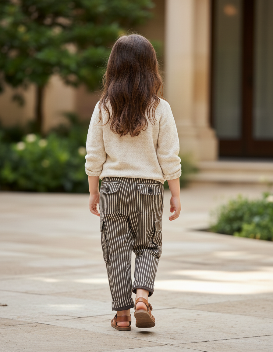Pantalon En Lin Rayé Marron Cargo Enfant Décontracté - vue 2