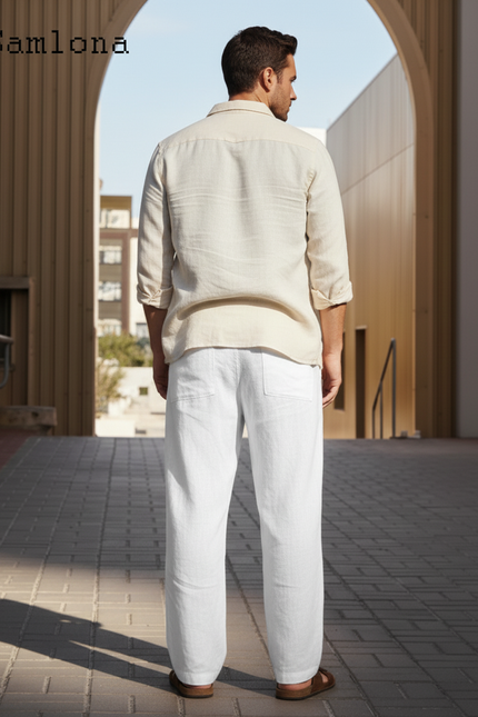 Pantalon En Lin Homme Blanc Pince - vue 2