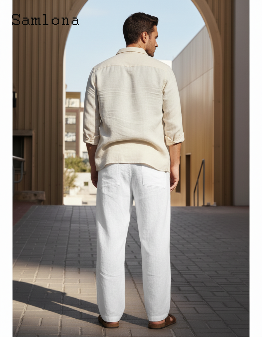 Pantalon En Lin Homme Blanc Pince - vue 2