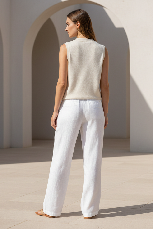 Pantalon En Lin Blanc Ample Décontracté Fluide Femme - vue 2