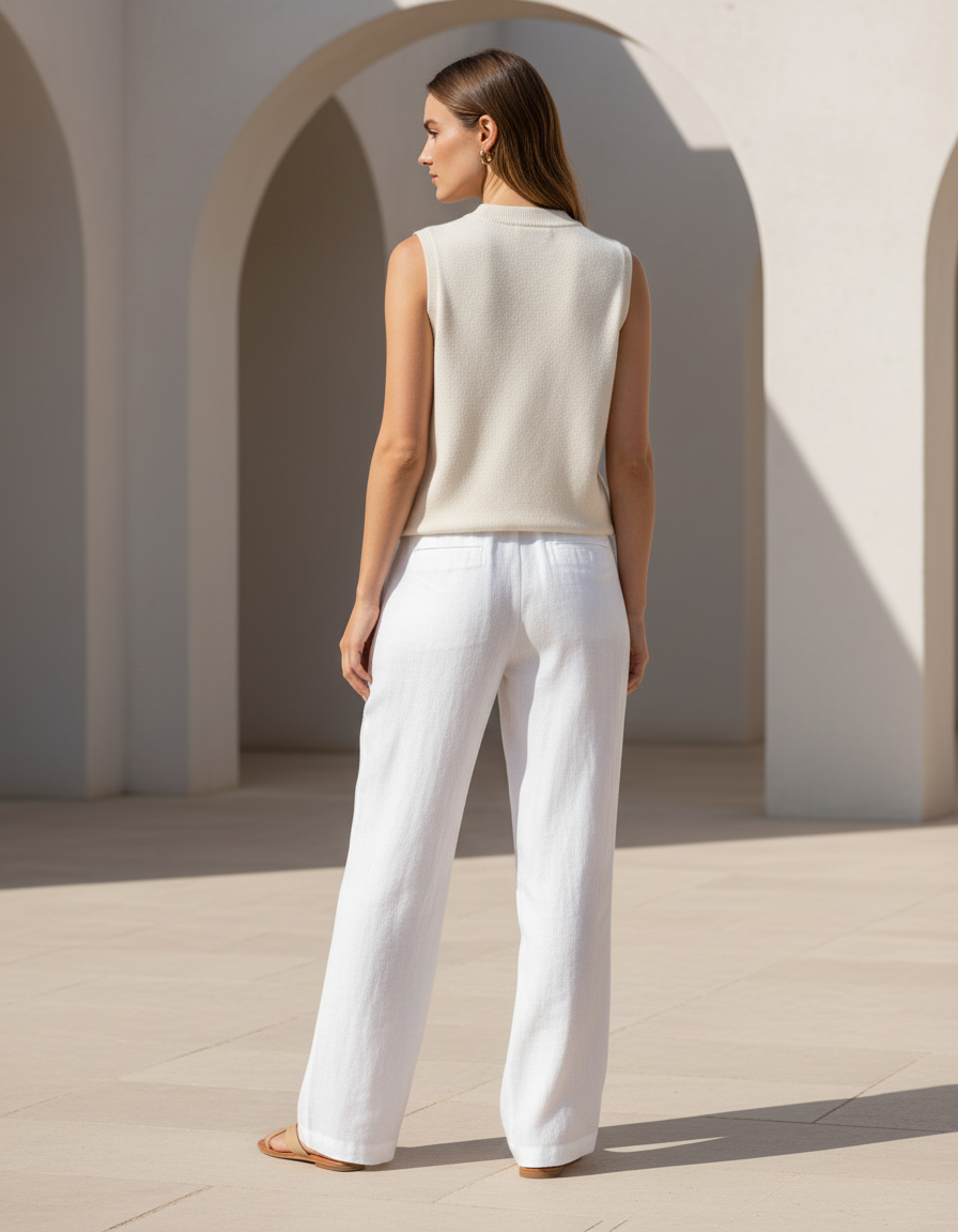 Pantalon En Lin Blanc Ample Décontracté Fluide Femme - vue 2