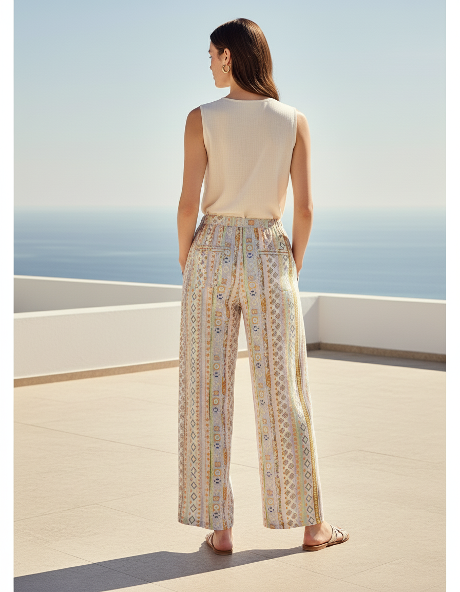 Pantalon En Lin Ample Motif Ethnique Fluide Femme - Multicolore - vue 2