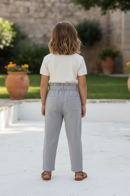 Pantalon En Lin Gris Fluide Fille Élégant Décontracté - vue 2