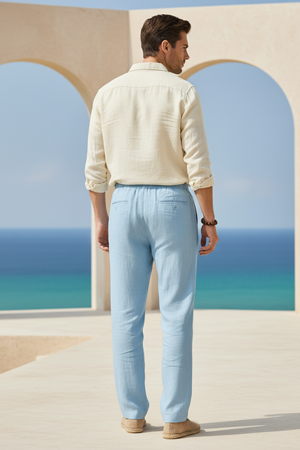 Pantalon En Lin Homme Bleu Ciel Droit Décontracté - vue 2
