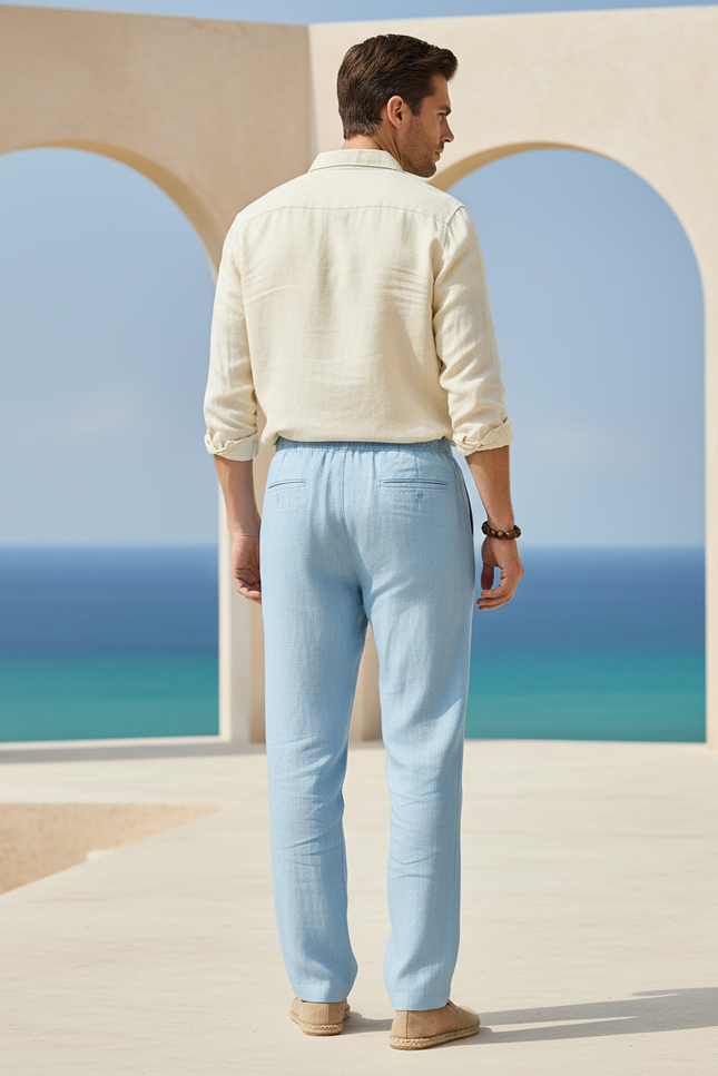 Pantalon En Lin Homme Bleu Ciel Droit Décontracté - vue 2