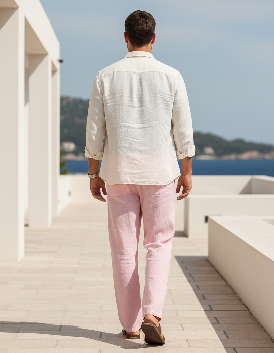 Pantalon Lin Homme Rose - vue 2