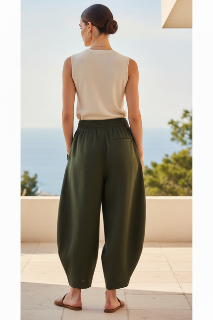 Pantalon En Lin Vert Ample Taille Élastique Confortable - Kaki - vue 2