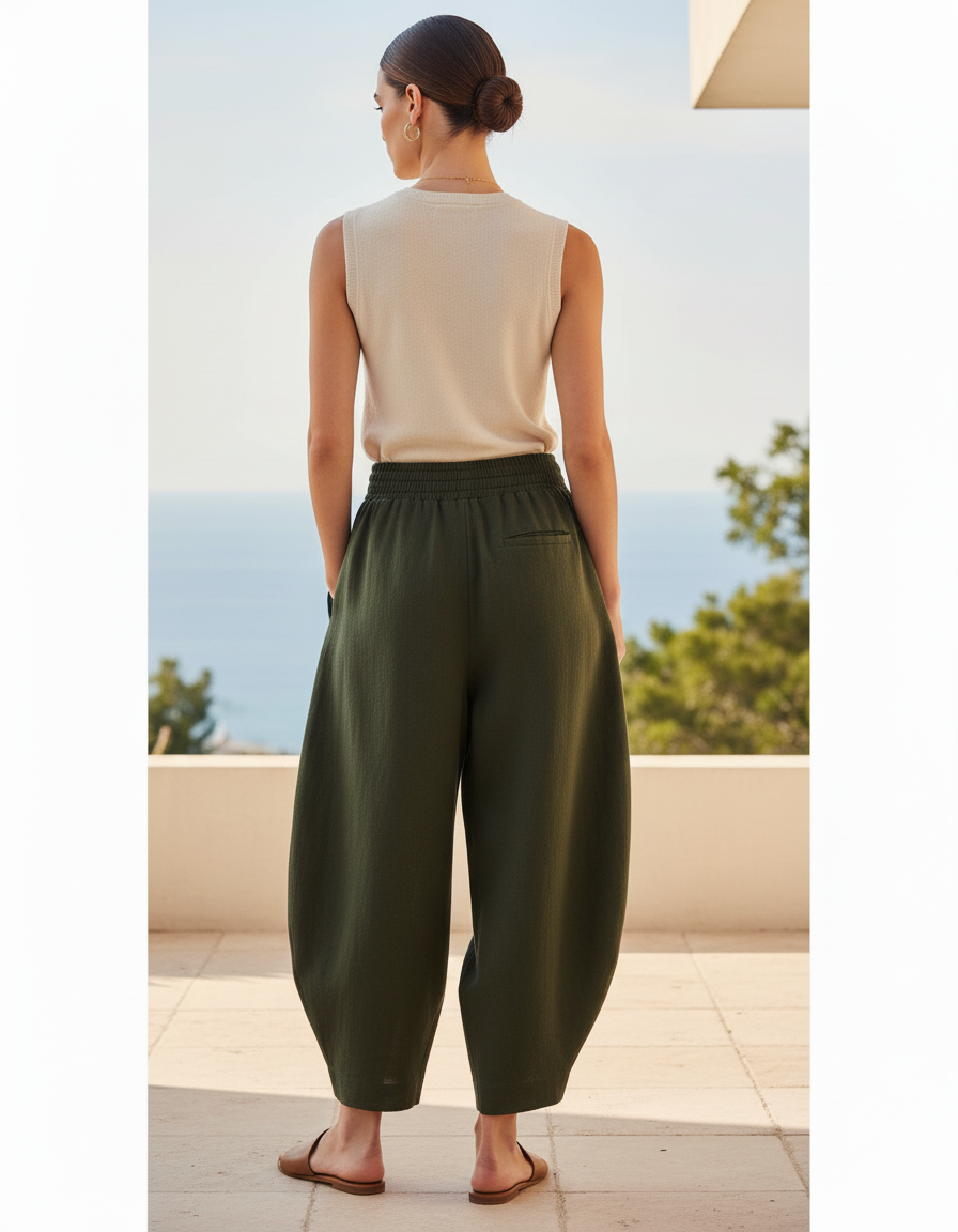 Pantalon En Lin Vert Ample Taille Élastique Confortable - Kaki - vue 2