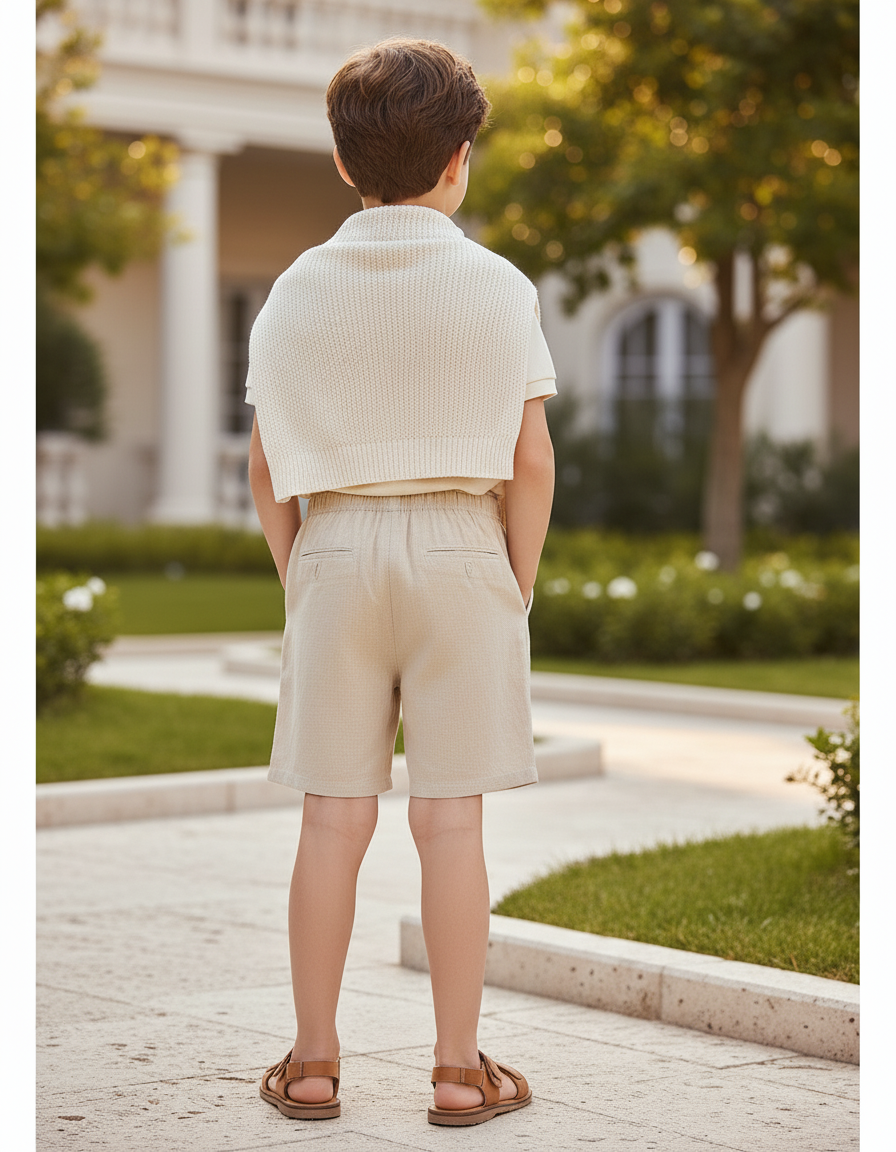 Pantalon En Lin Beige Garçon Cordon Décontracté Court - vue 2