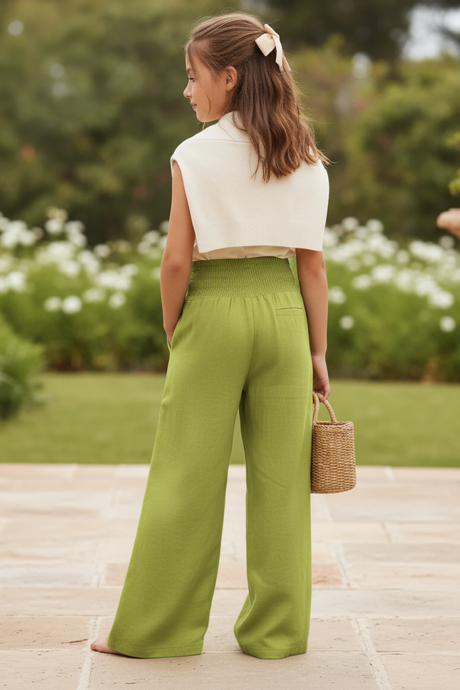 Pantalon En Lin Vert Ample Plissé Confortable Fille - vue 2