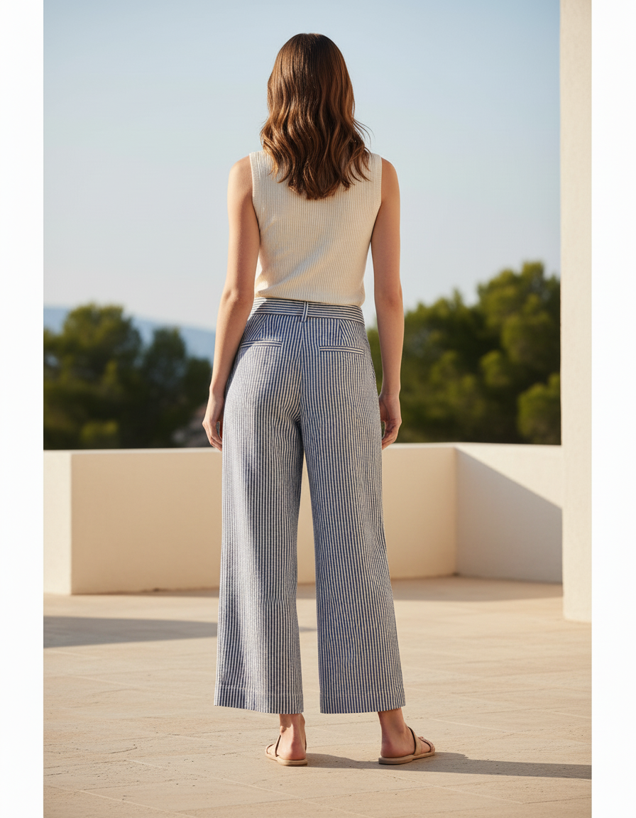 Pantalon En Lin Rayé Ample Fluide Femme - Marine - vue 2