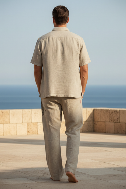 Pantalon En Lin Beige Imprimé Poissons Ample Décontracté - vue 2