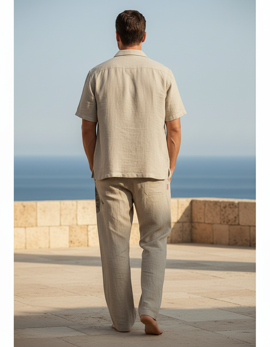 Pantalon En Lin Beige Imprimé Poissons Ample Décontracté - vue 2