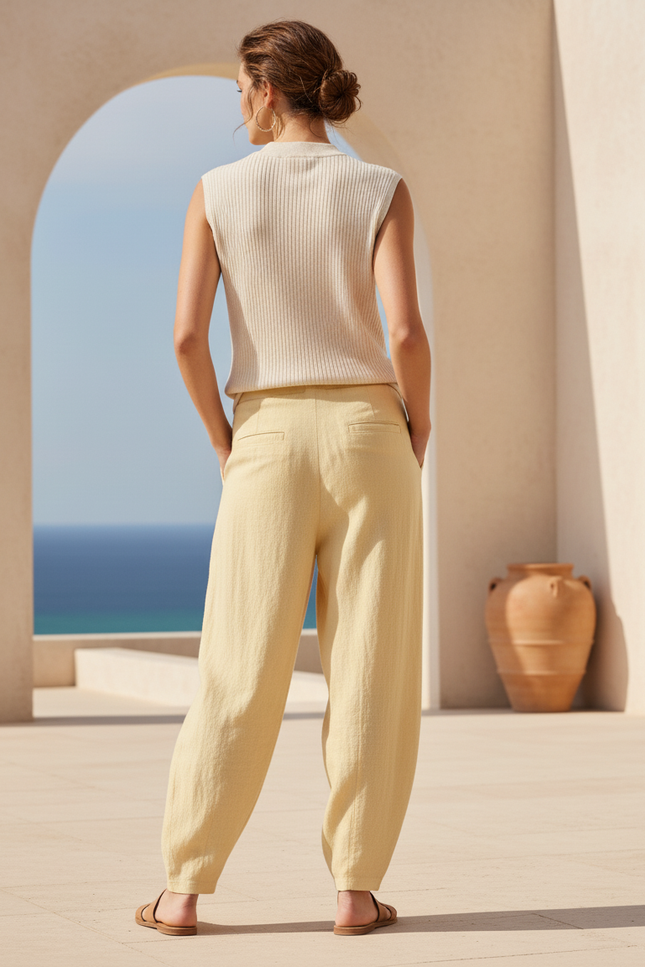 Pantalon En Lin Ample Élastique Jaune Femme Chic - vue 2