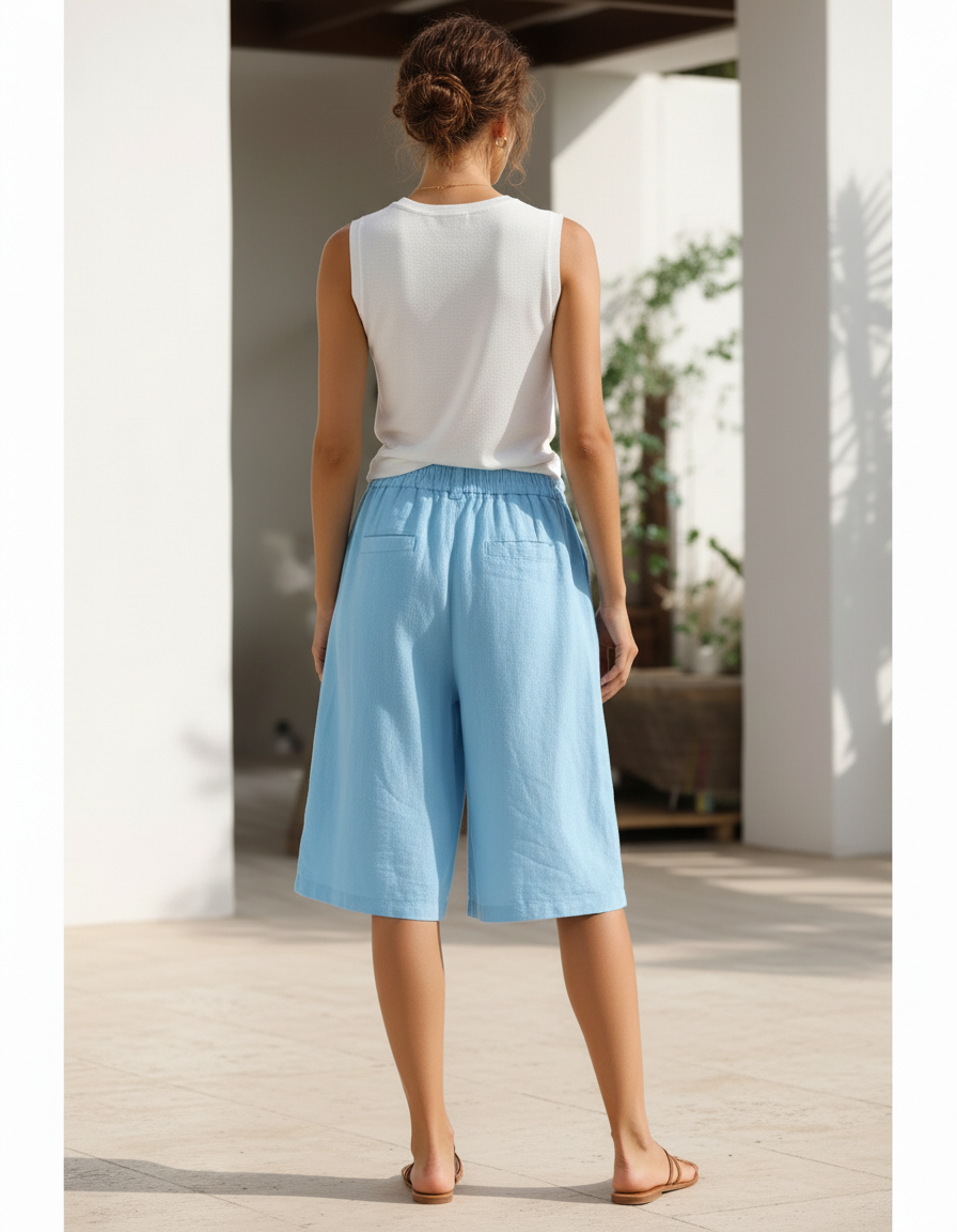Pantalon En Lin Bleu Ample Taille Élastique Décontracté Femme - vue 2