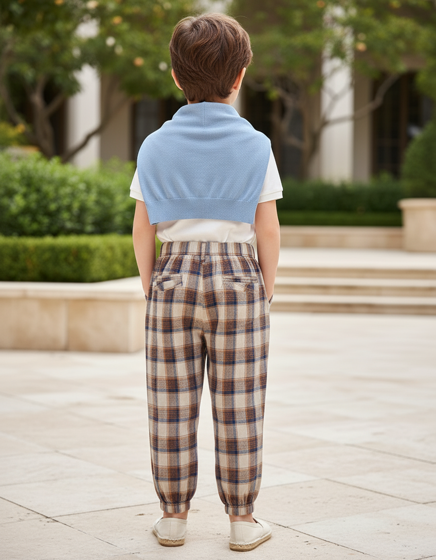 Pantalon En Lin Carreaux Marron Ample Décontracté Enfant - Multicolore - vue 2