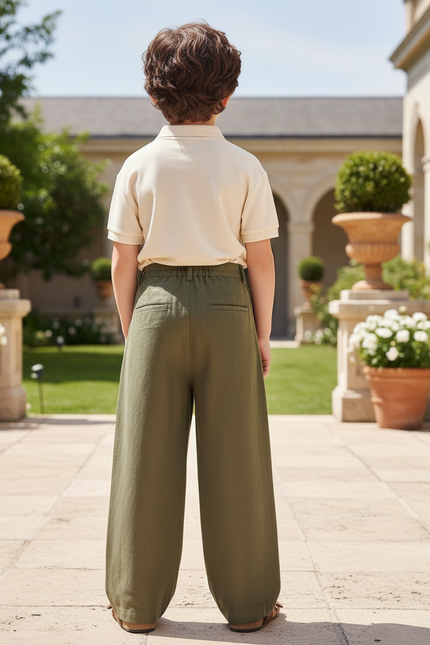 Pantalon En Lin Enfant Ample Vert Kaki Décontracté - vue 2