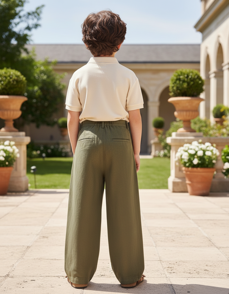 Pantalon En Lin Enfant Ample Vert Kaki Décontracté - vue 2