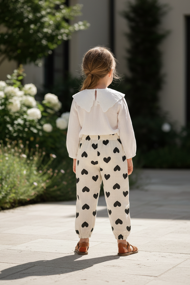 Pantalon En Lin Cœurs Noirs Ample Confortable Enfant - Imprimé - vue 2