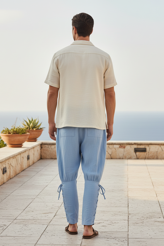 Pantalon En Lin Homme Bleu Ciel Ajusté Lacets Pirate - vue 2