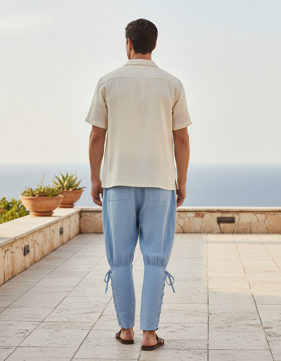 Pantalon En Lin Homme Bleu Ciel Ajusté Lacets Pirate - vue 2
