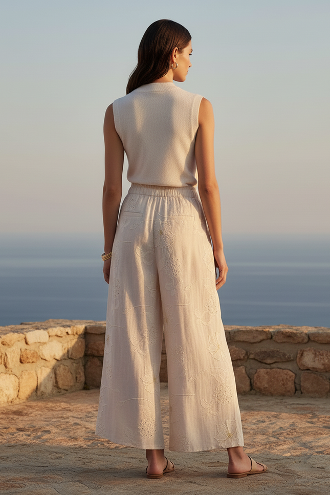 Pantalon En Lin Écru Brodé Ample Fluide Décontracté - Beige - vue 2