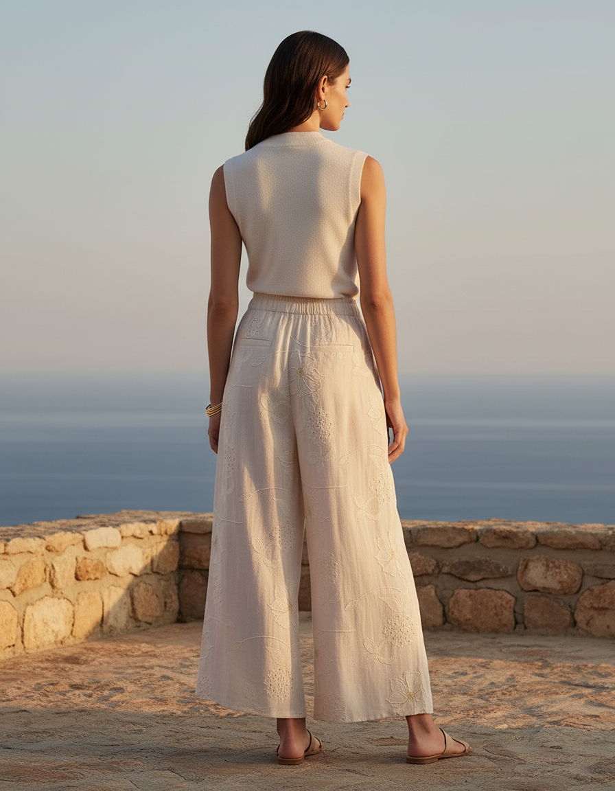 Pantalon En Lin Écru Brodé Ample Fluide Décontracté - Beige - vue 2