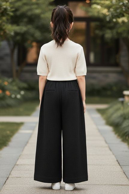 Pantalon En Lin Noir Ample Fluide Confortable Fille - vue 2